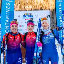 Samse National Tour n°5,LES CONTAMINES, FRANCE - JANUARY 25: GABRIELLE BOURGEOIS of FRA, MAYA PERREY of FRA, LOUANE ADAM of FRA January 25, 2026 in Les Contamines, France. (Photo by Rodriguez Alexis / @Aleiks_photo)