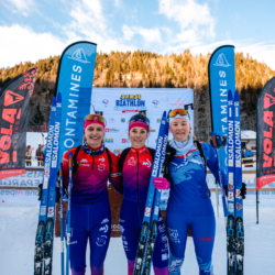 Samse National Tour n°5,LES CONTAMINES, FRANCE - JANUARY 25: GABRIELLE BOURGEOIS of FRA, MAYA PERREY of FRA, LOUANE ADAM of FRA January 25, 2026 in Les Contamines, France. (Photo by Rodriguez Alexis / @Aleiks_photo)
