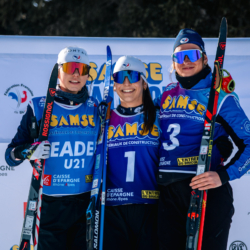Samse National Tour n°6,AUTRANS, FRANCE - FEBRUARY 8: LOUISE ROGUET of FRA, CORALIE PERRIN of FRA, MAELA CORREIA of FRA February 8, 2026 in Autrans, France. (Photo by Rodriguez Alexis / @Aleiks_photo)