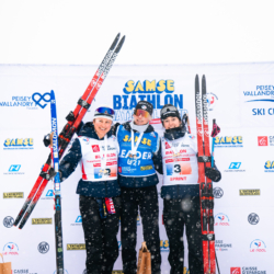SAMSE N°8 FINALE,PEISEY, FRANCE - MARCH 14: LOLA BUGEAUD of FRA, ARMAND NAMOU CANDAU of FRA, LOUISE ROGUET of FRA March 14, 2026 in PEISEY, France. (Photo by Rodriguez Alexis / @Aleiks_photo)