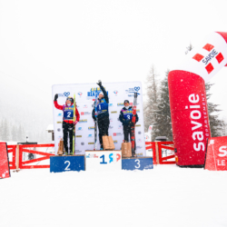SAMSE N°8 FINALE,PEISEY, FRANCE - MARCH 14: FANY BERTRAND of FRA, LOUISE ROGUET of FRA, LISA SIBERCHICOT of FRA March 14, 2026 in PEISEY, France. (Photo by Rodriguez Alexis / @Aleiks_photo)