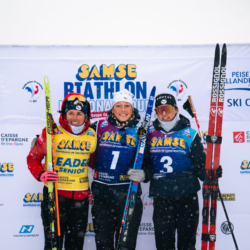 SAMSE N°8 FINALE,PEISEY, FRANCE - MARCH 14: FANY BERTRAND of FRA, LOUISE ROGUET of FRA, LISA SIBERCHICOT of FRA March 14, 2026 in PEISEY, France. (Photo by Rodriguez Alexis / @Aleiks_photo)