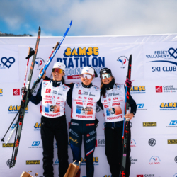 SAMSE N°8 FINALE,PEISEY, FRANCE - MARCH 15: LOUISE ROGUET of FRA, ARMAND NAMOU CANDAU of FRA, LOLA BUGEAUD of FRA March 15, 2026 in PEISEY, France. (Photo by Rodriguez Alexis / @Aleiks_photo)