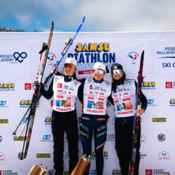 SAMSE N°8 FINALE,PEISEY, FRANCE - MARCH 15: LOUISE ROGUET of FRA, ARMAND NAMOU CANDAU of FRA, LOLA BUGEAUD of FRA March 15, 2026 in PEISEY, France. (Photo by Rodriguez Alexis / @Aleiks_photo)