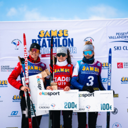 SAMSE N°8 FINALE,PEISEY, FRANCE - MARCH 15: ROSALIE ODILE of FRA, JULIETTE OLIVA of FRA, ADELE OUVRIER-BUFFET of FRA March 15, 2026 in PEISEY, France. (Photo by Rodriguez Alexis / @Aleiks_photo)