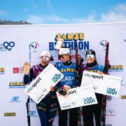SAMSE N°8 FINALE,PEISEY, FRANCE - MARCH 15: ARMAND NAMOU CANDAU of FRA, LOUISE ROGUET of FRA, LOLA BUGEAUD of FRA March 15, 2026 in PEISEY, France. (Photo by Rodriguez Alexis / @Aleiks_photo)