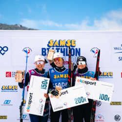SAMSE N°8 FINALE,PEISEY, FRANCE - MARCH 15: ARMAND NAMOU CANDAU of FRA, LOUISE ROGUET of FRA, LOLA BUGEAUD of FRA March 15, 2026 in PEISEY, France. (Photo by Rodriguez Alexis / @Aleiks_photo)